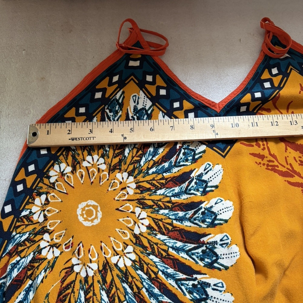 Jealous Tomato Boho Hanky Hem‎ Dress Women M Orange Feather Medallion Sleeveless - Picture 6 of 10